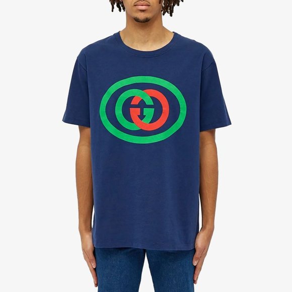 Gucci Tee Vintage Oval Interlocking GG Logo Blue T Shirt Size Medium - Picture 1 of 14